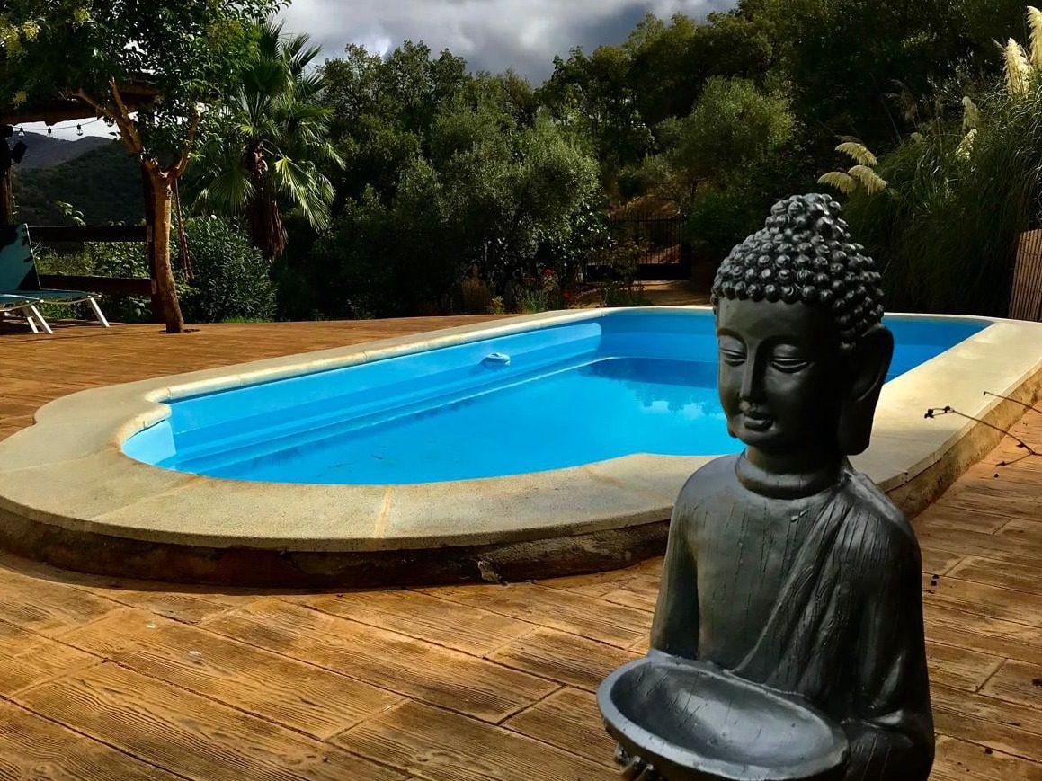 La piscina privada junto a la figura de Buda, con el bosque al fondo